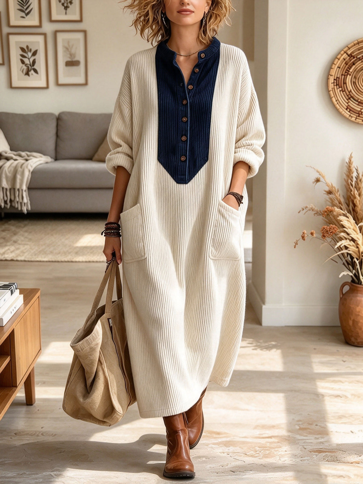 Women's Off-White Ribbed Knit Long Cardigan Dress with Contrast Denim Collar