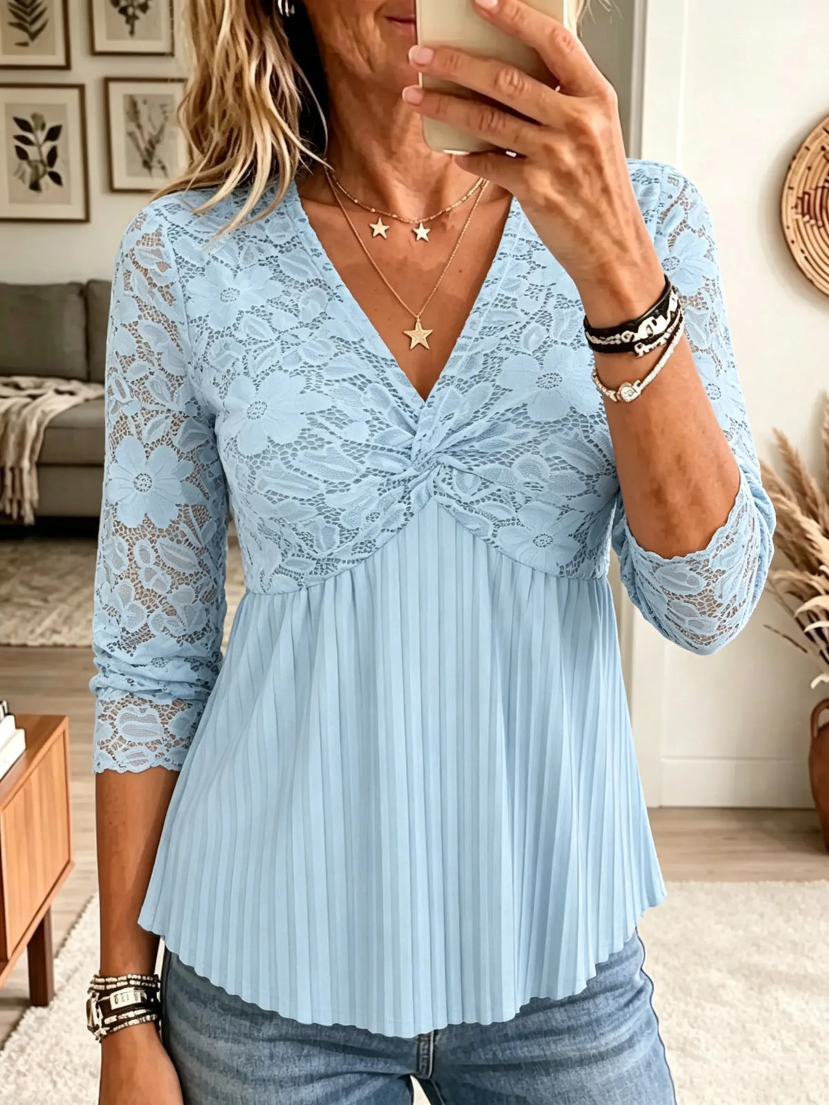 Women's Lace Twist-Front Pleated Peplum Blouse