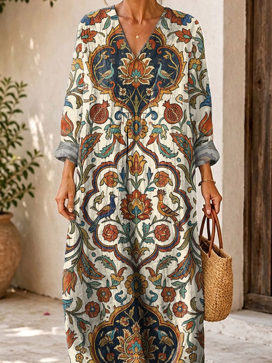 Retro Ethnic Floral Pattern Art Print Casual V-neck Long Sleeve Cotton Linen Maxi Dress