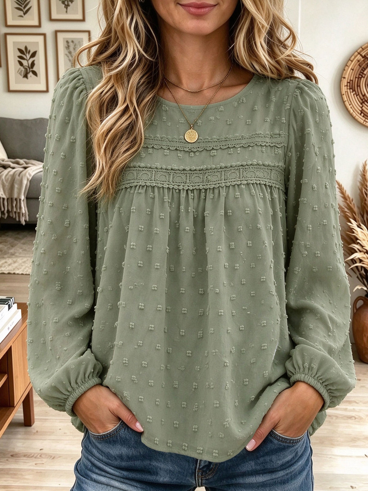 Women's Olive Green Swiss Dot Chiffon Blouse with Lace Trim Long Sleeve Top