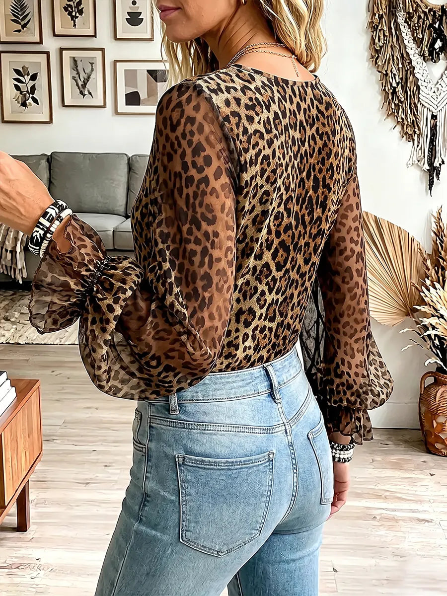 Vintage Elegant Sheer Chiffon Puff Sleeves Leopard Print Shirt