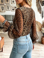 Vintage Elegant Sheer Chiffon Puff Sleeves Leopard Print Shirt