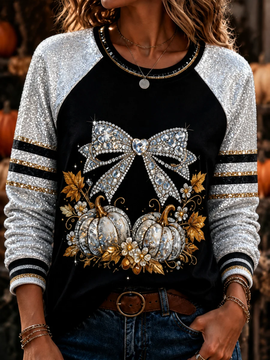 Women's Sequin Sleeve Pumpkin Graphic Print Sweatshirt