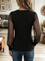 Women's Square Neck Glitter Mesh Long Sleeve Blouse