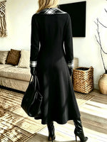 Women's Plaid Patchwork With Buttons Pockets Ruffled Neck Long-sleeve Dress