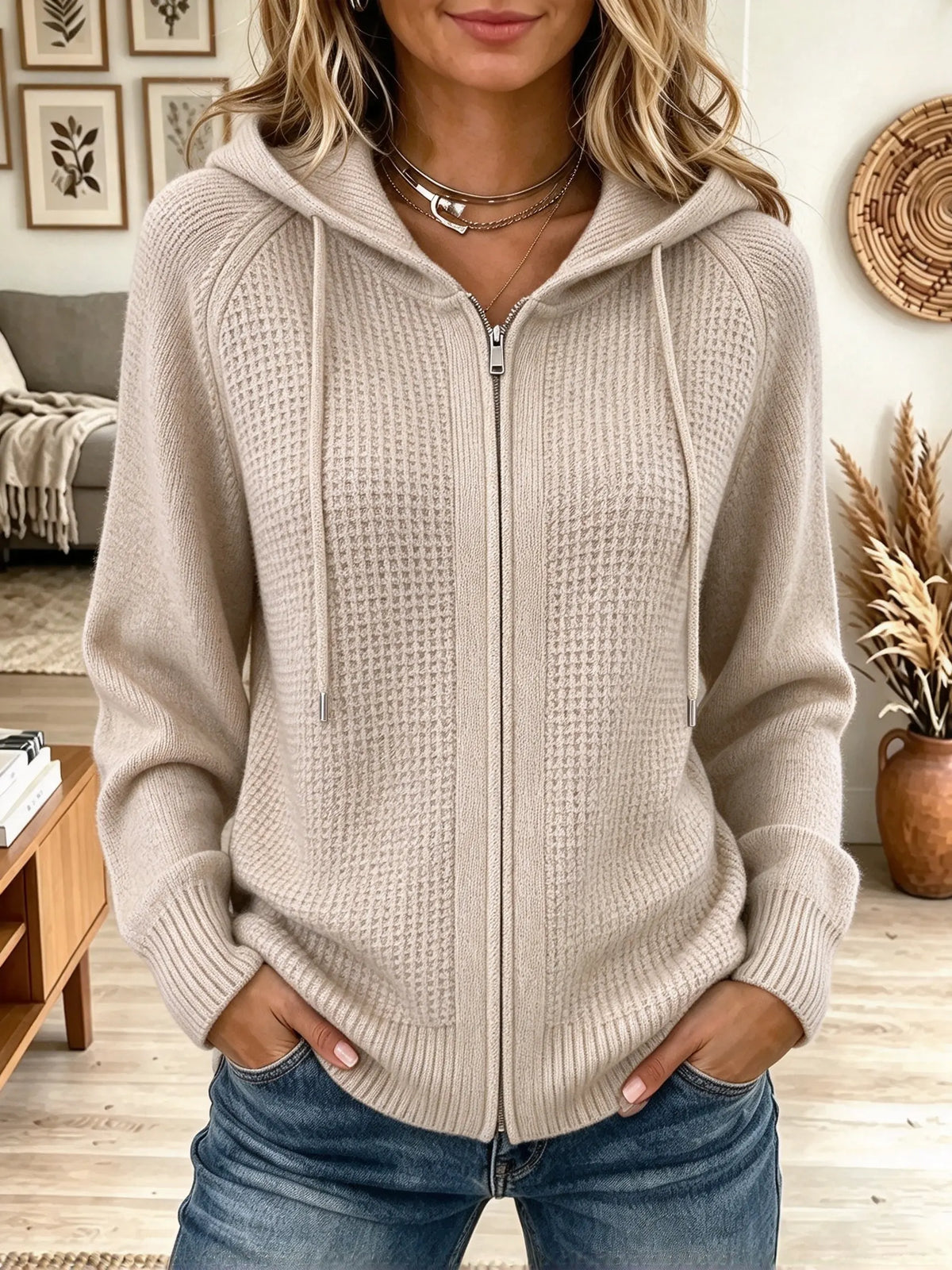 Women's Waffle Knit Drawstring Zip-Up Hoodie