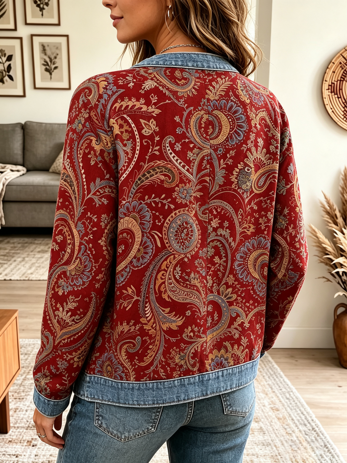 Women's Denim Trim Paisley Print Jacket
