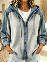 Women Denim Splice Knit Hooded Jacket Button Down Long Sleeve Casual Coat