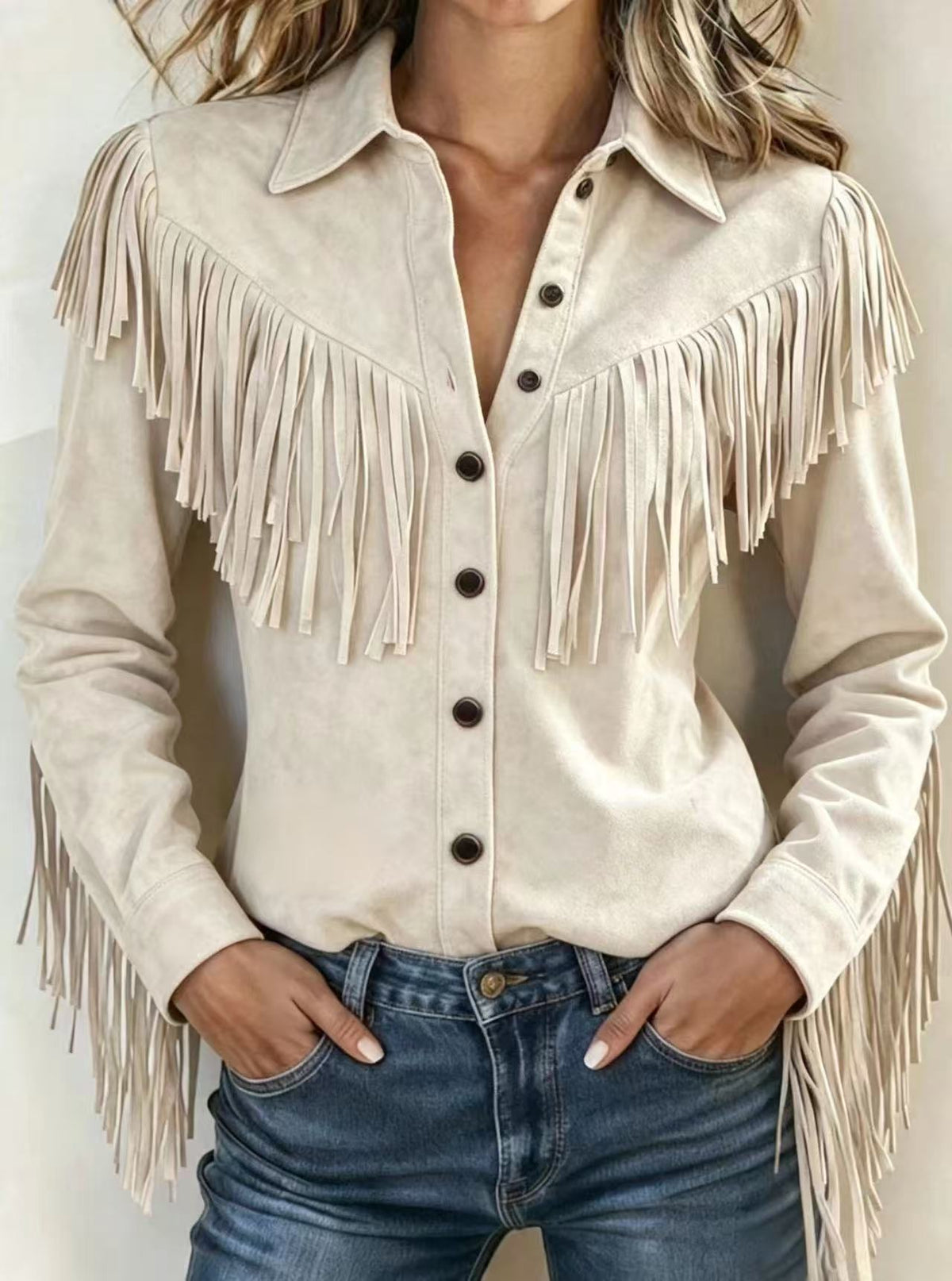 Western Fringe Trim Faux Suede Shirt Jacket, Women Collar Button‑Up Long Sleeve Shacket