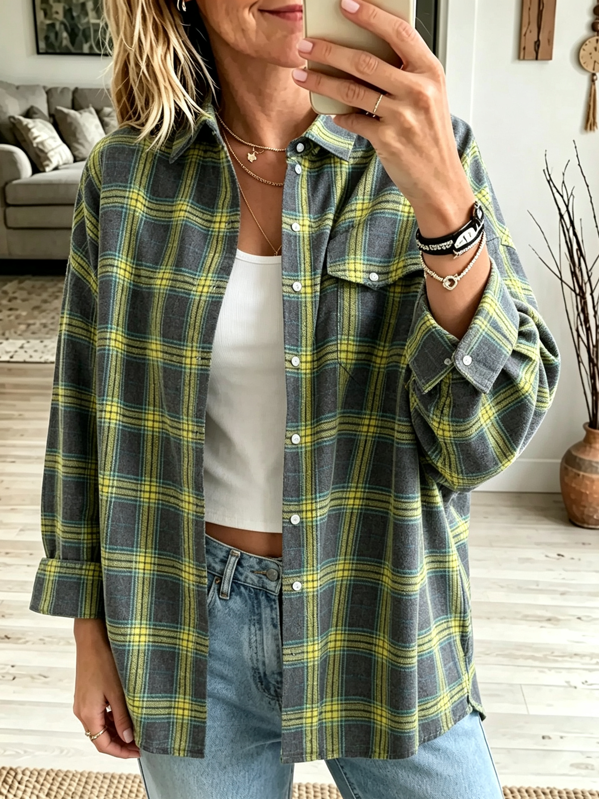 Women's Oversized Plaid Flannel Button-Down Shirt