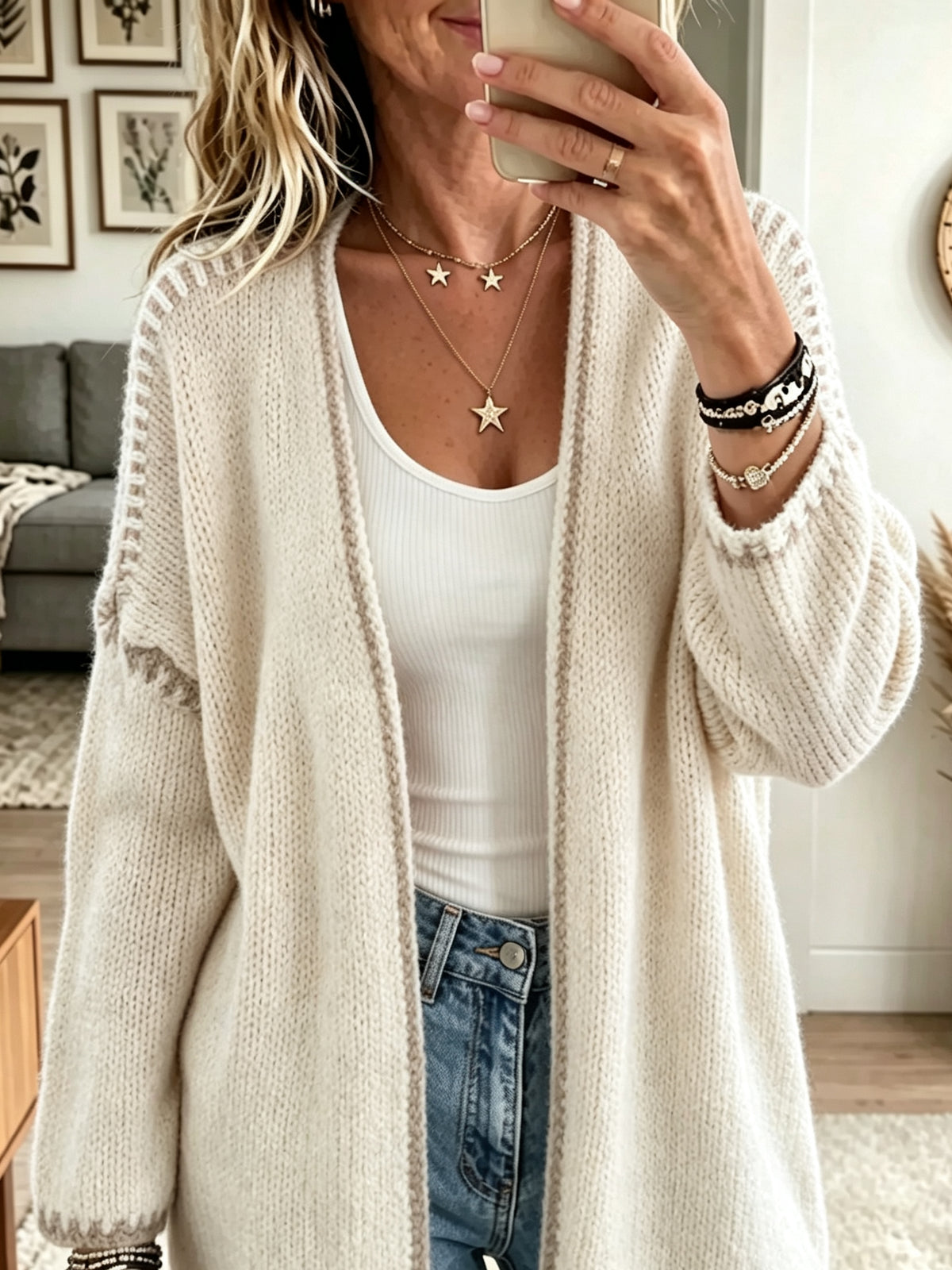 Women's Blanket Stitch Trim Open-Front Cardigan