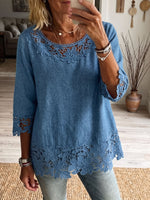 Vintage Elegant Openwork Lace Patchwork Denim Shirt