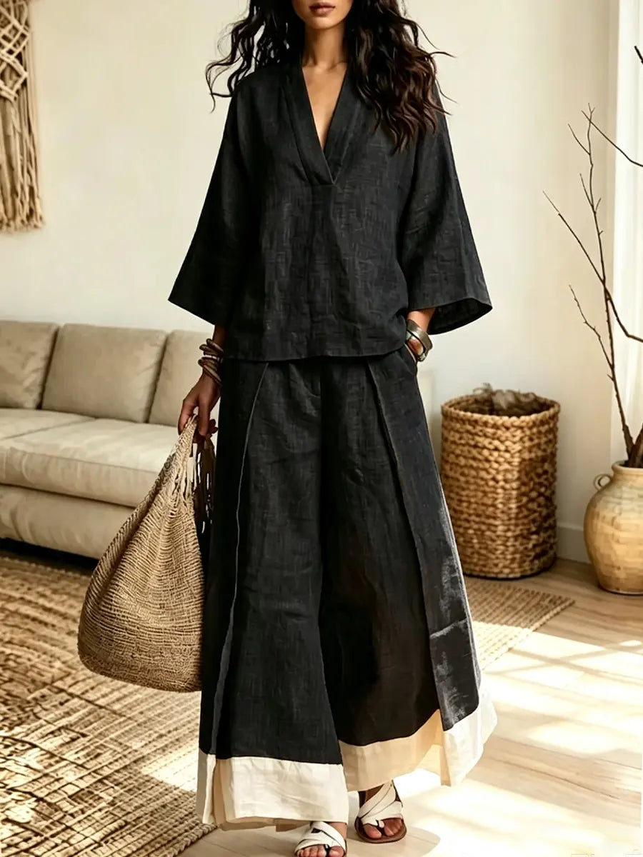 Retro 3/4 Sleeve Art Casual Stylish Top And Wide Leg Pants Two-piece Sets