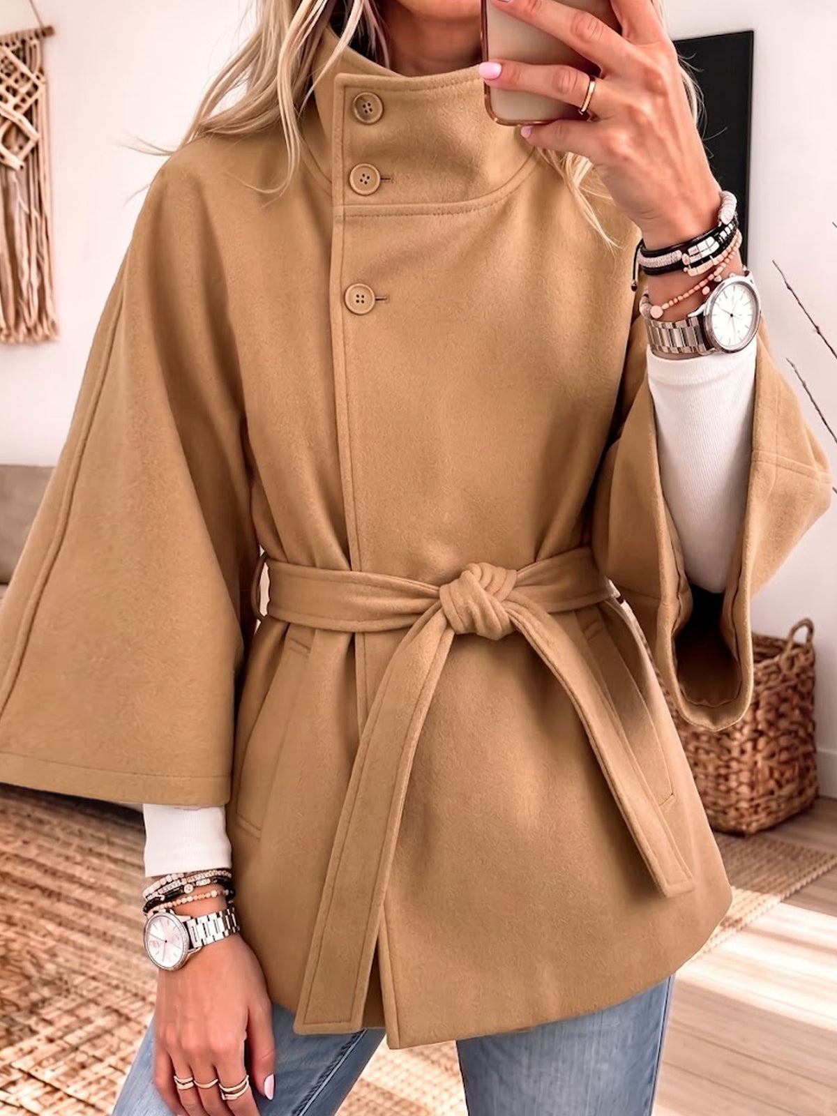 Cape Sleeve Belted Wool Blend Coat Stand Collar Button Wrap Jacket