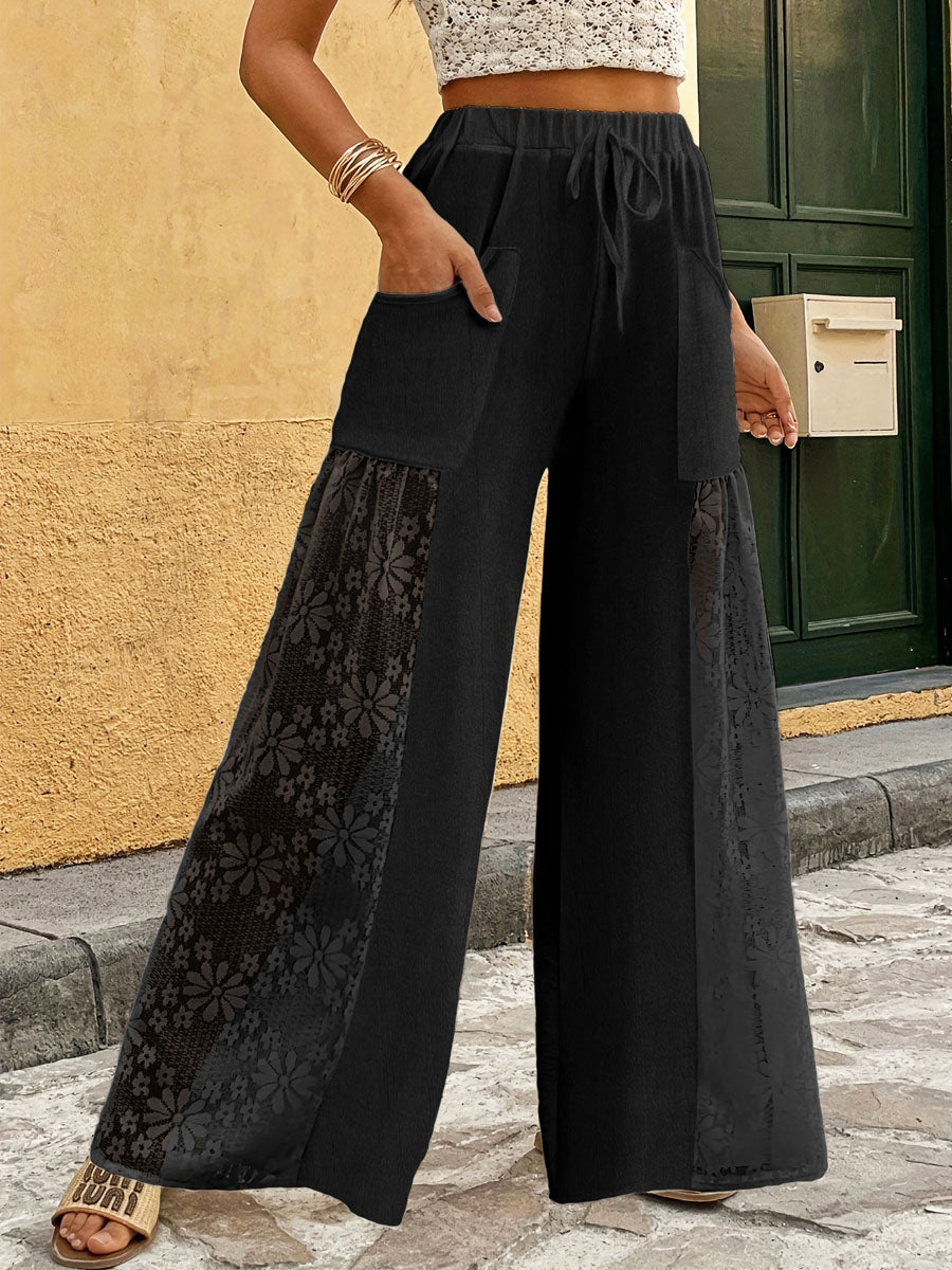 Women's Solid Color Floral Lace Stylish Art Casaul Wide Leg Pants