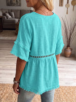 Vintage Elegant Openwork Lace Patchwork Cotton And Linen Shirt