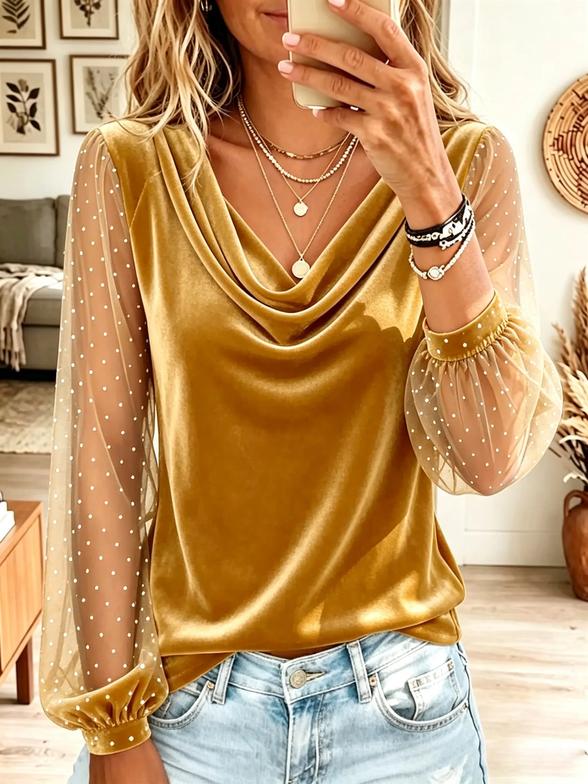Women's Sheer Polka Dot Sleeve Cowl Neck Top