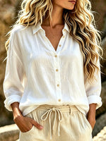 Women's Solid Color Lapel Long Sleeve Cotton And Linen Shirt