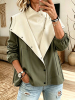 Color Block Lapel Zip Up Windbreaker Jacket, Women Elastic Cuff Casual Outerwear