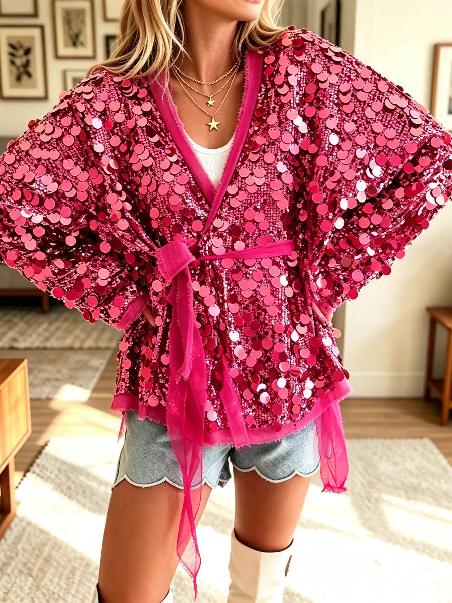 Women's Fashionable Casual Sequin Tie-Up Coat