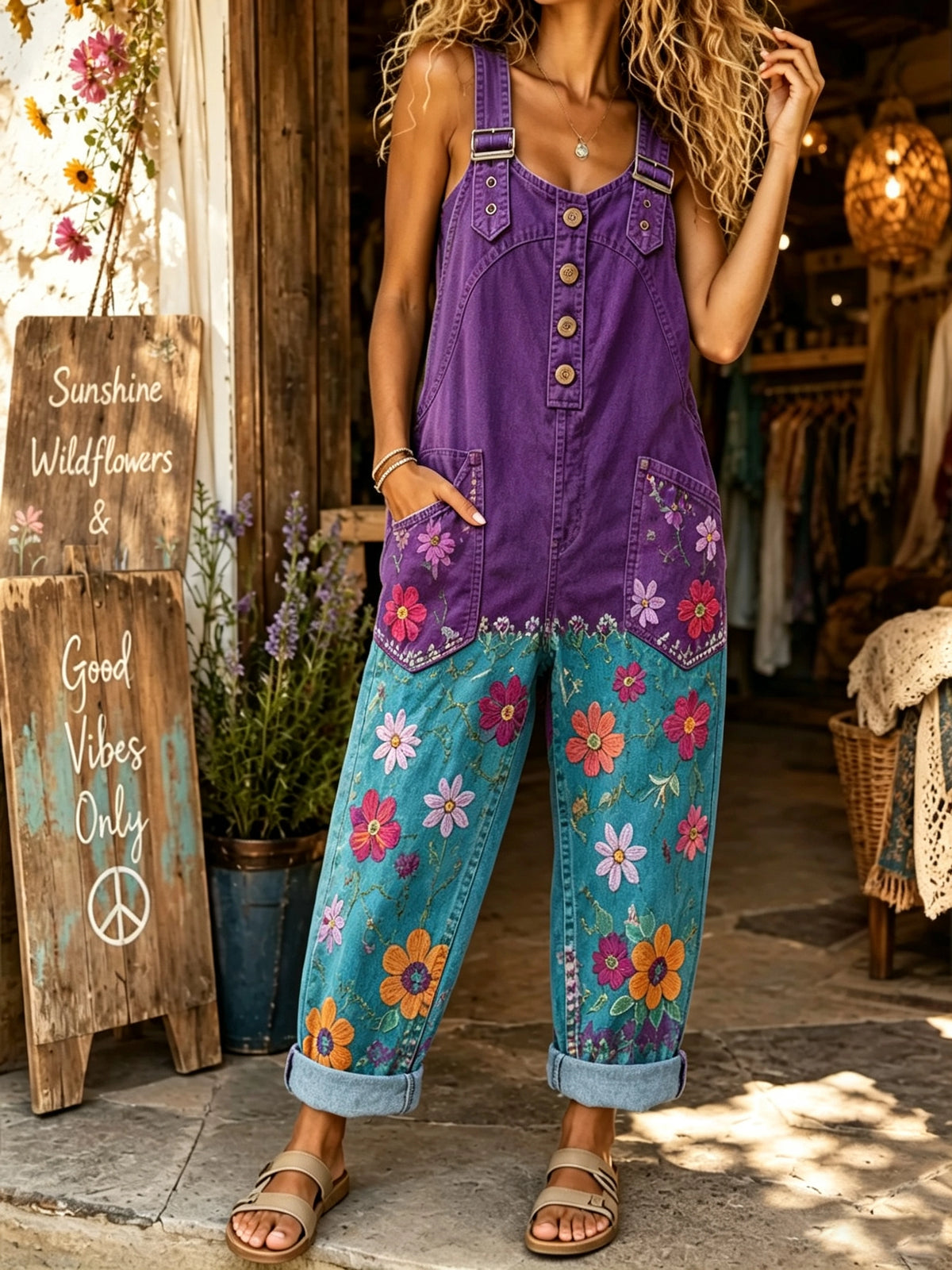 Women's Two-Tone Floral Print Overalls