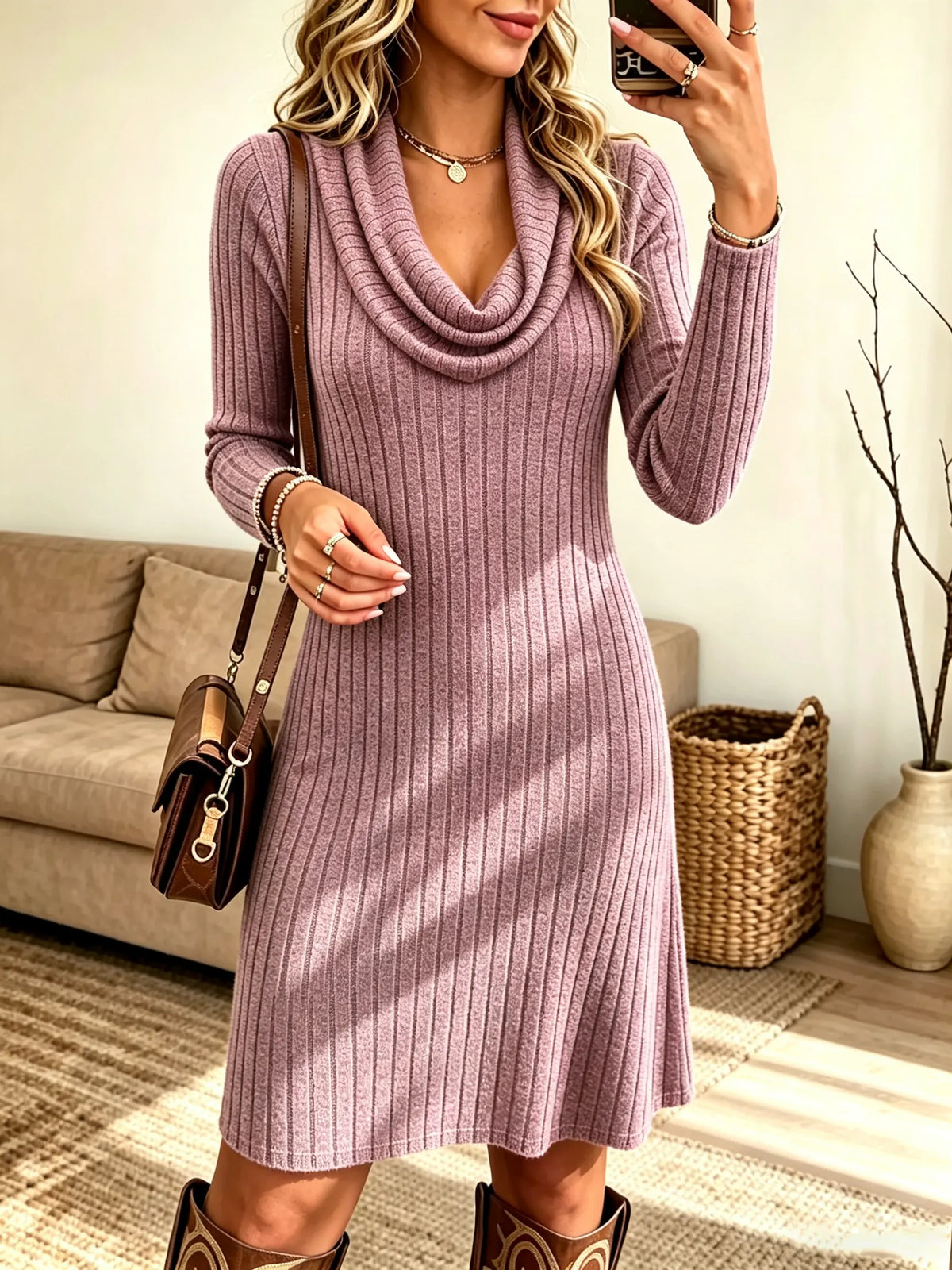 Women's Cowl Neck Ribbed Knit Sweater Dress