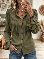 Women's Western Fringed Ruffle Suede Button Shirt