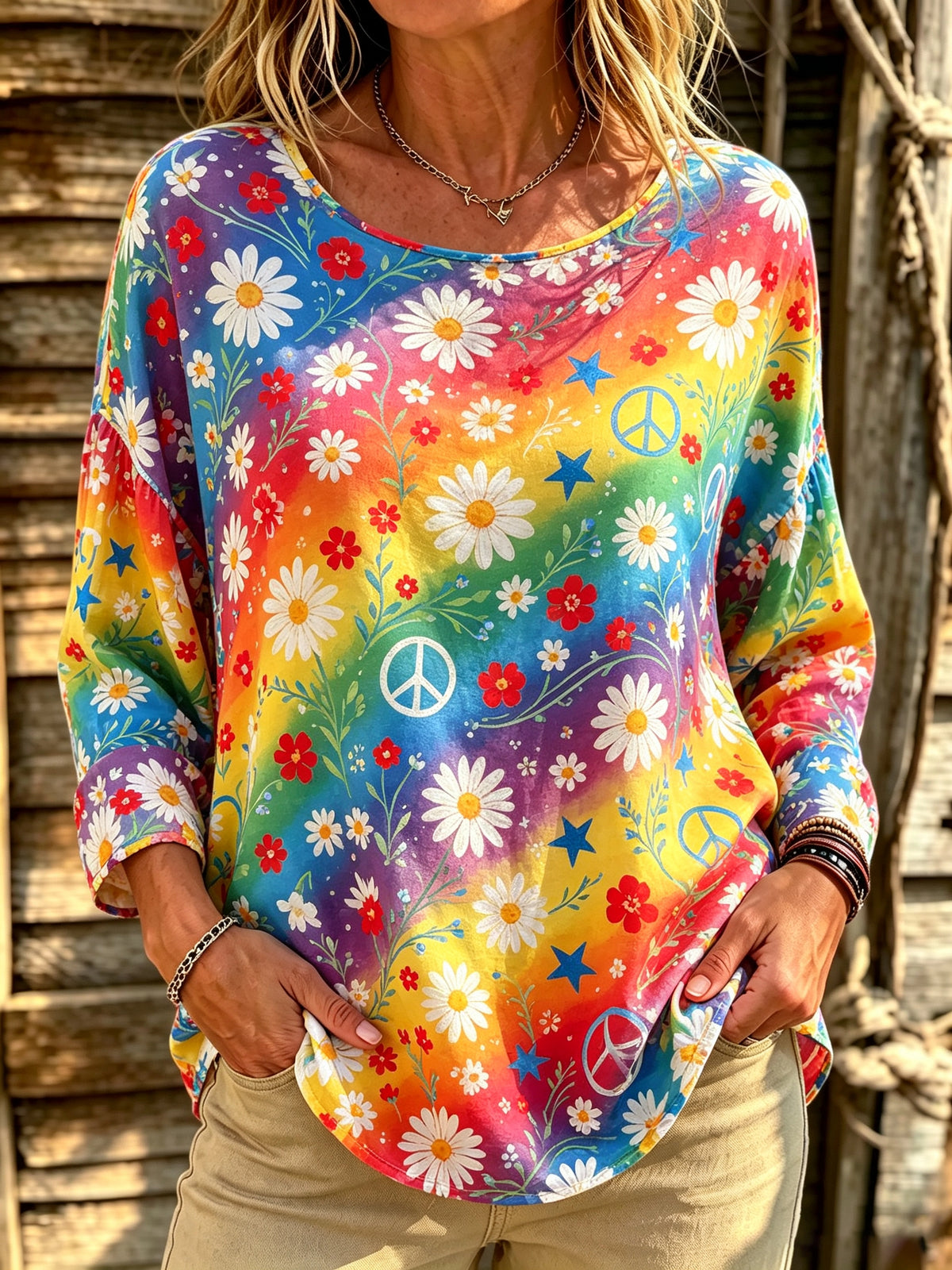 Women's Rainbow Daisy Peace Print Blouse