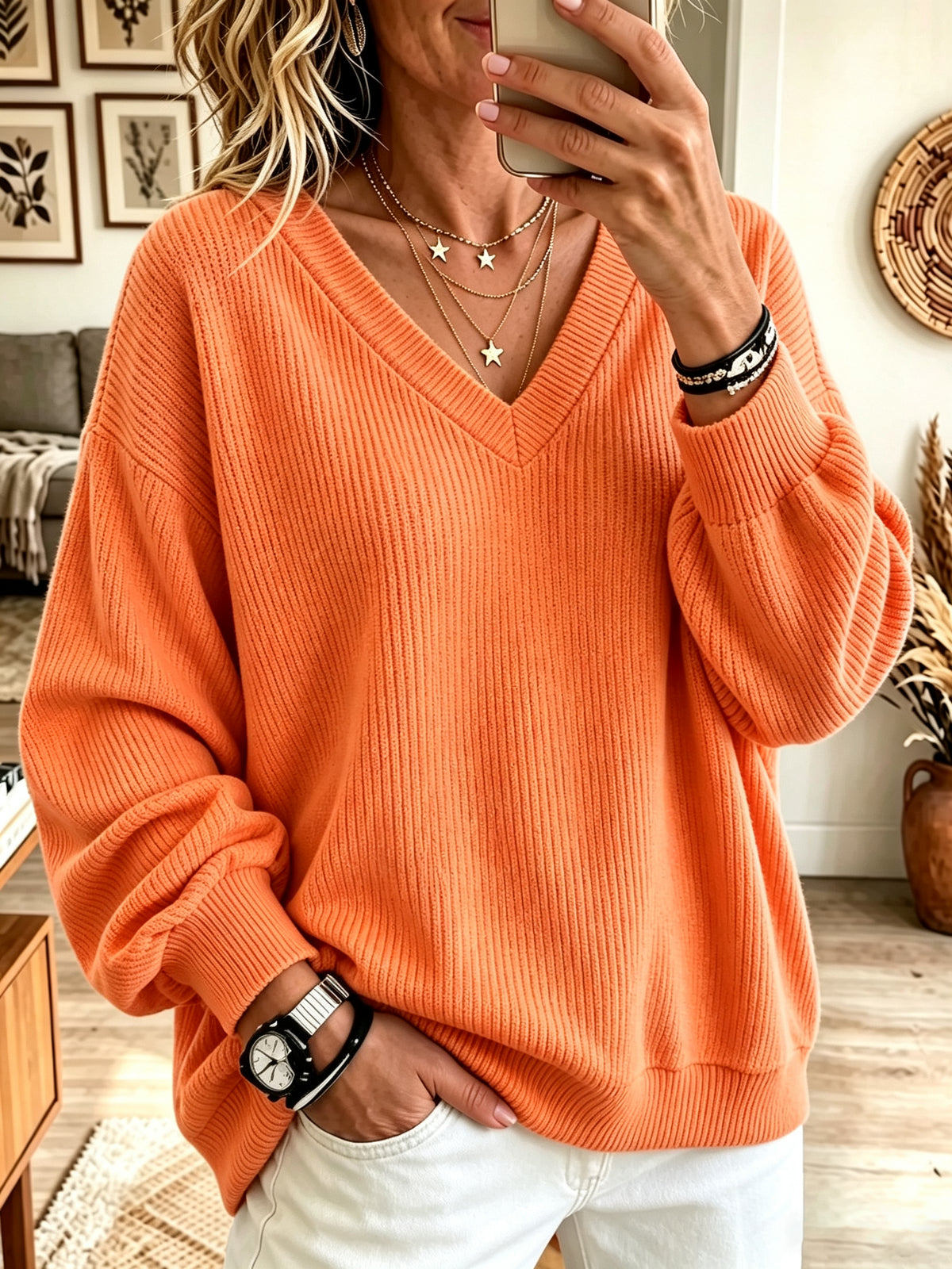 Women's Oversized V-Neck Ribbed Pullover Sweater