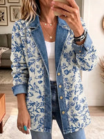 Retro Floral Pattern Art Casual Denim Patchwork Stylish Long Sleeve Coat