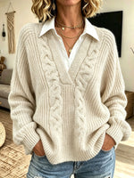 Women Faux Two‑Piece V‑Neck Cable Knit Collared Long Sleeve Sweater