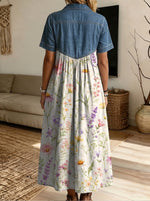 Women’s Denim Spliced Wildflower Print Loose Midi Dress With Pockets