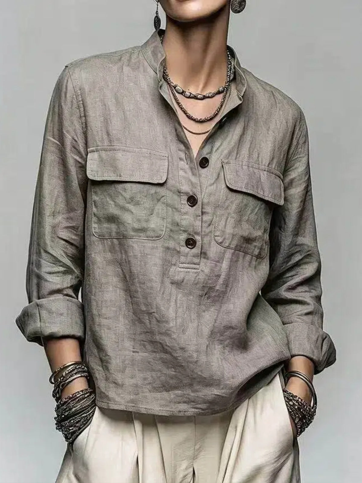 Stand Collar Half Button Pocket Linen Blend Blouse, Women Roll‑Up Long Sleeve Top