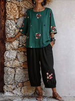 Womens’ Floral Embroidery Three Quarter Sleeve Top & Cropped Jogger Pants Two Piece Set