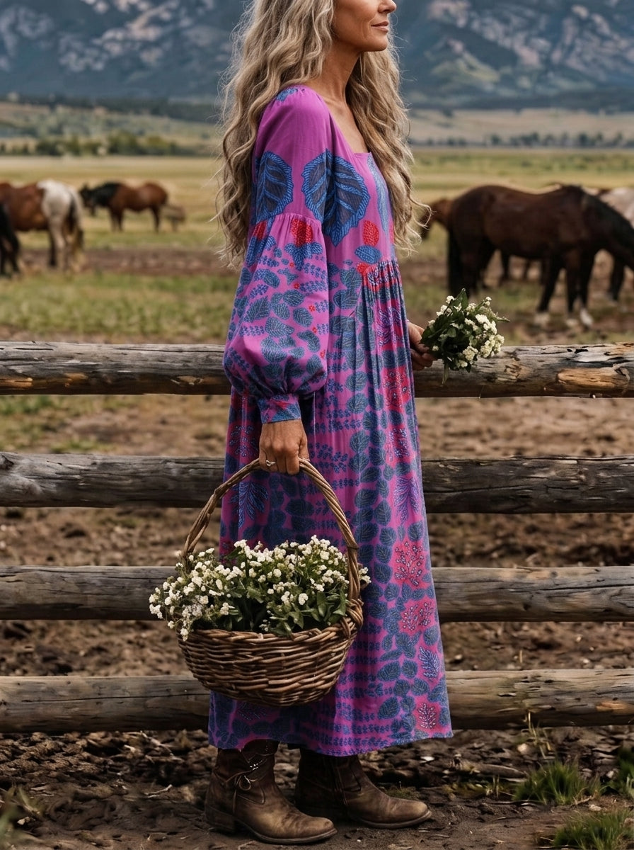Women‘s Vibrant Leaf Print Square Neck Balloon Sleeve Boho Midi Dress