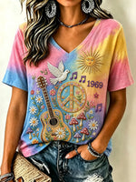 Women's Hippie Guitar Dove Sun Mushroom Musical Note Gradient Tie Dye Print V-Neck Short Sleeve Tee