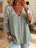 Women V Neck Floral Lace Spliced Button Front 3/4 Sleeve Blouse