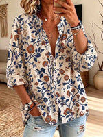 Retro Floral Pattern Art Print Casual Long Sleeve Cotton Linen Shirt