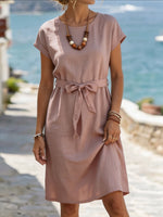 Women's Short Sleeve Belted Tie Waist Textured Linen Blend Midi Dress
