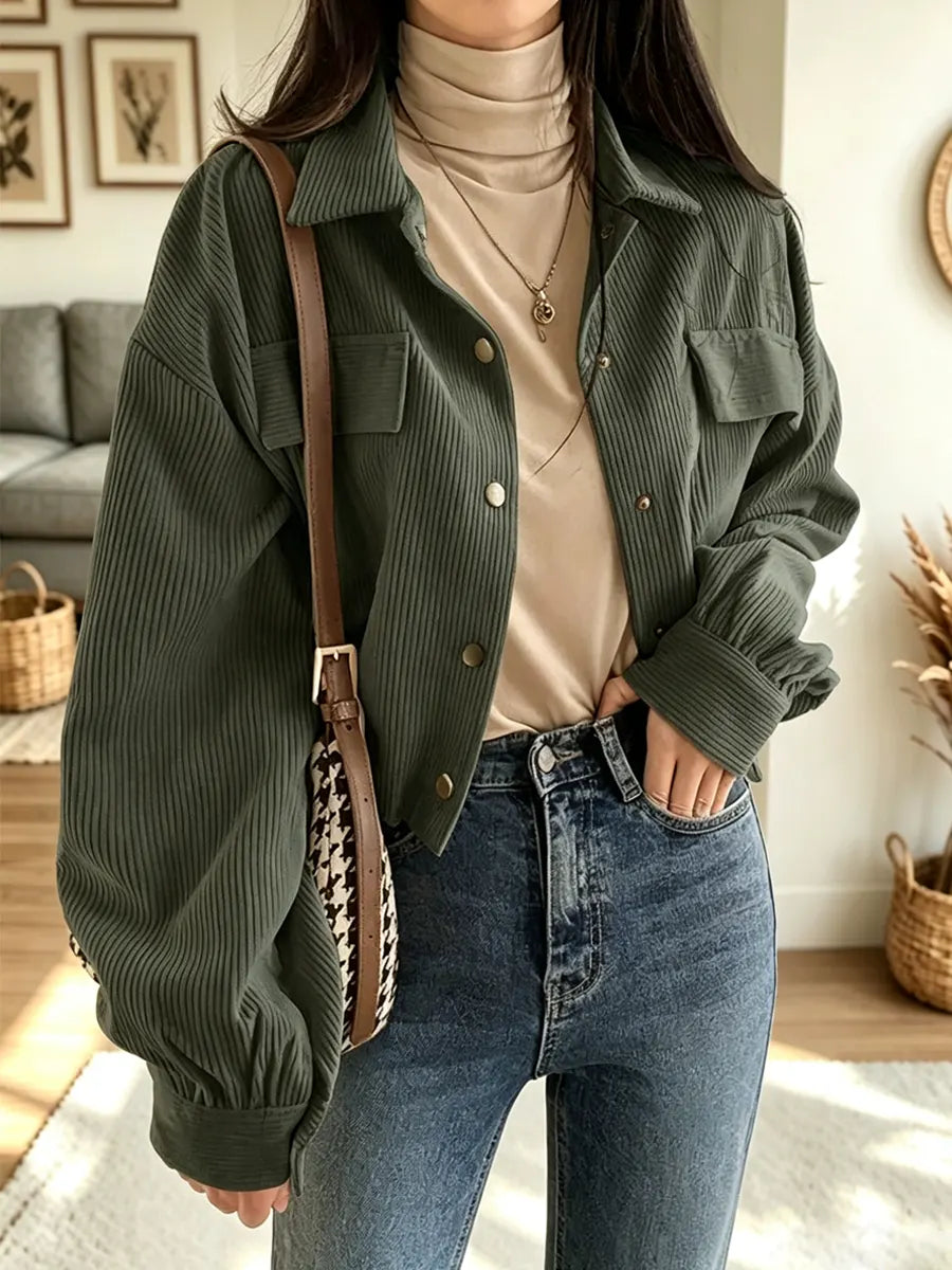 Retro Lapel Art Casual Corduroy Stylish Long Sleeve Short Coat