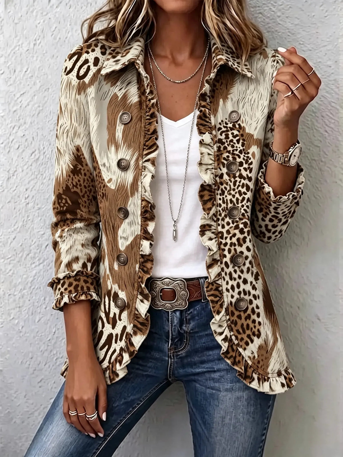 Women's Leopard Ruffle Trim Blazer Jacket