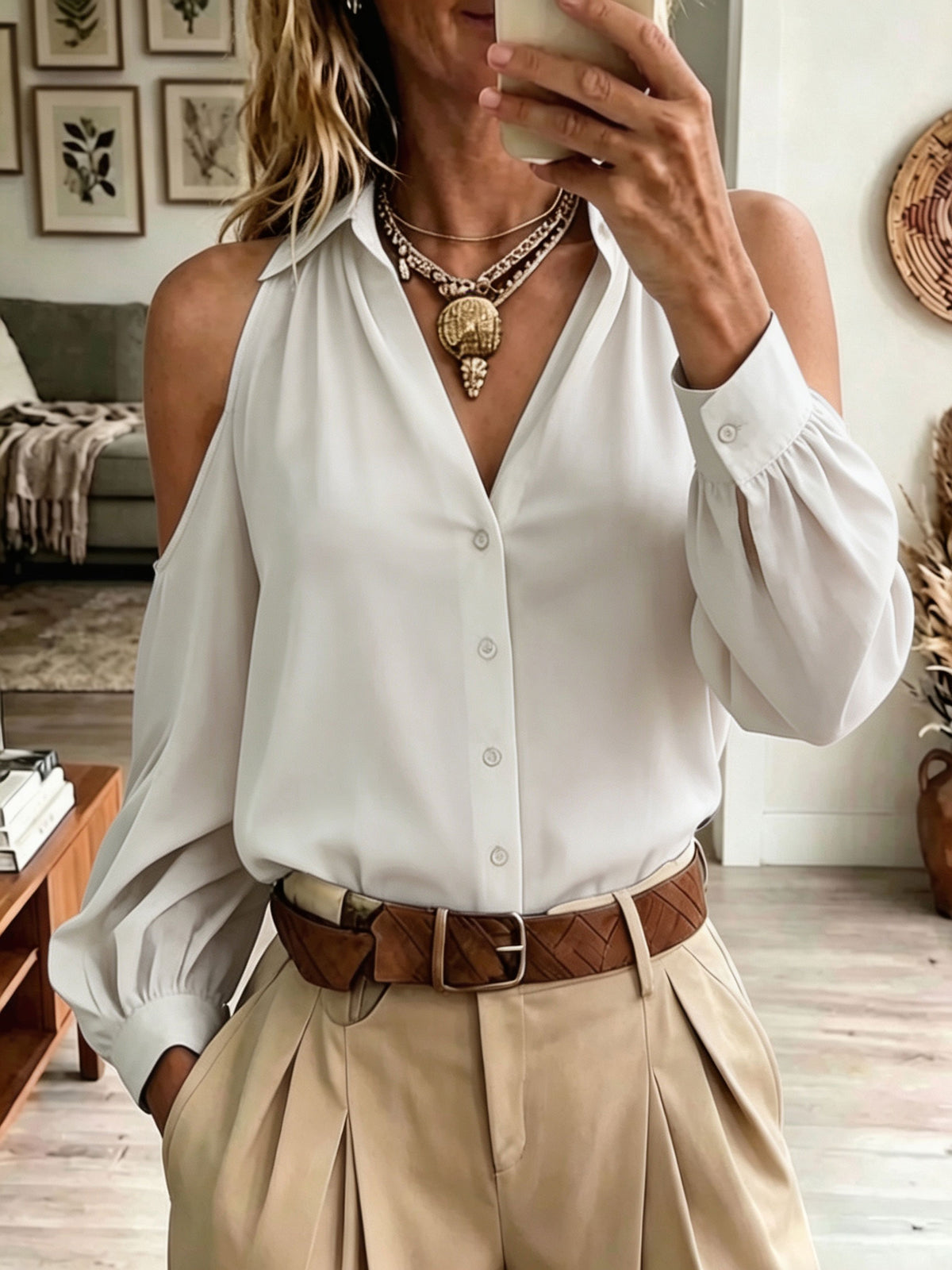 Collared Cold‑Shoulder Button Down Blouse Long Puff Sleeve V‑Neck Shirt
