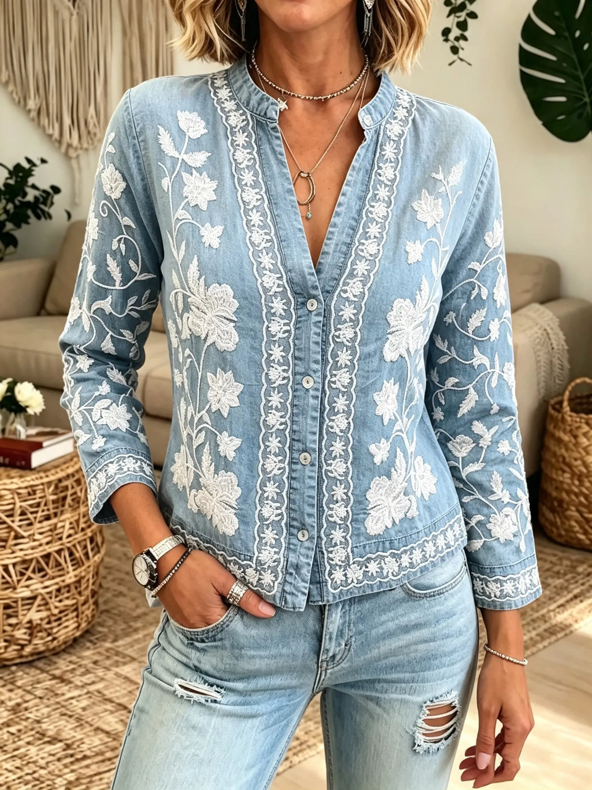 Women's Floral Embroidered Denim Shirt