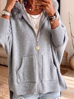 Faux Fur Hood Zip Up Oversized Batwing Sleeve Jacket