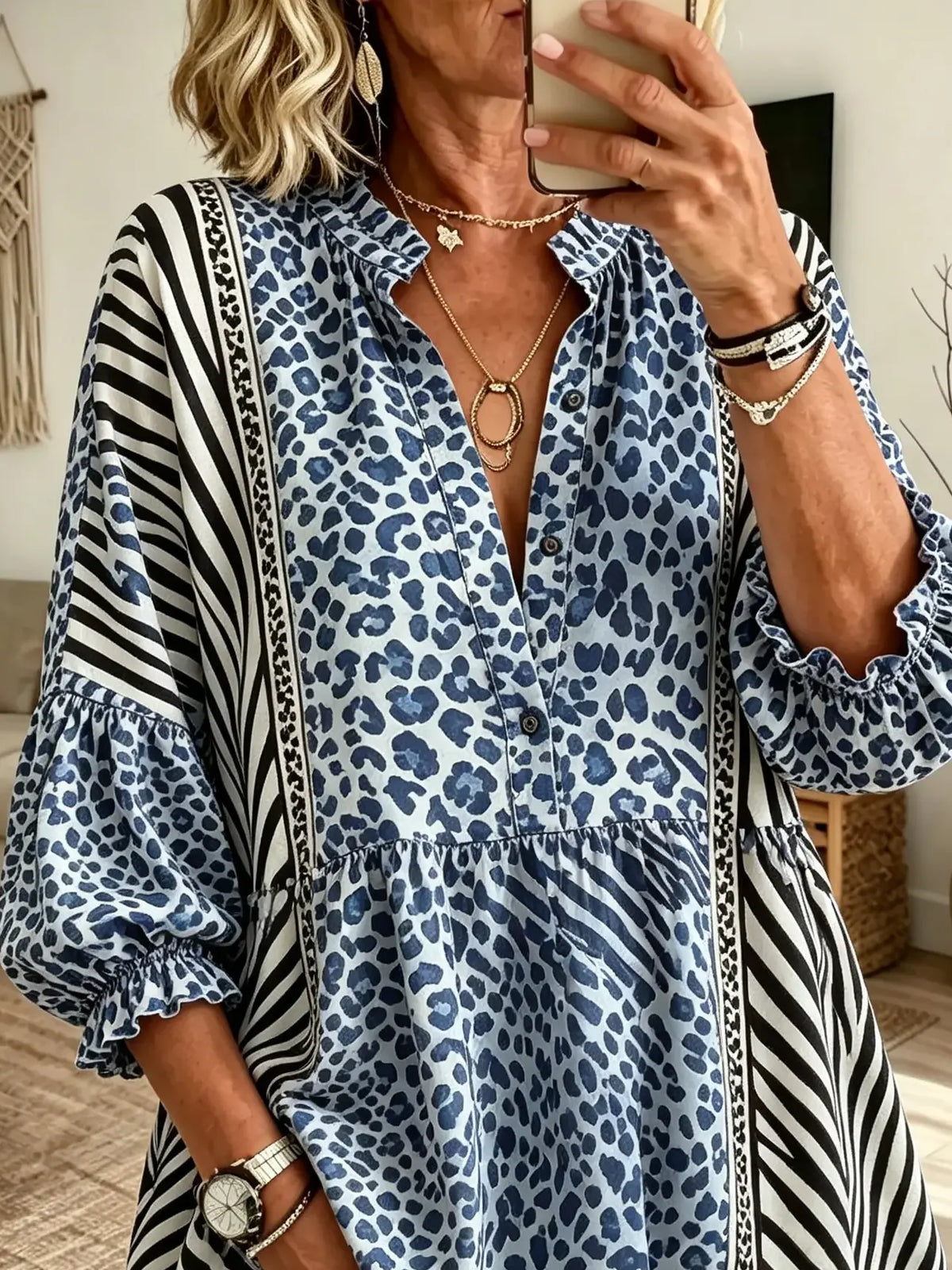 Women's Blue Leopard & Zebra Patchwork Print Stand Collar Bubble Sleeve Blouse