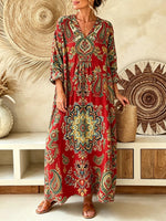 Women's Vintage Paisley Print V-Neck Boho Maxi Dress