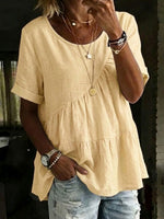 Women's Round Neck Cotton Linen Solid Color Loose Short-sleeved Shirt