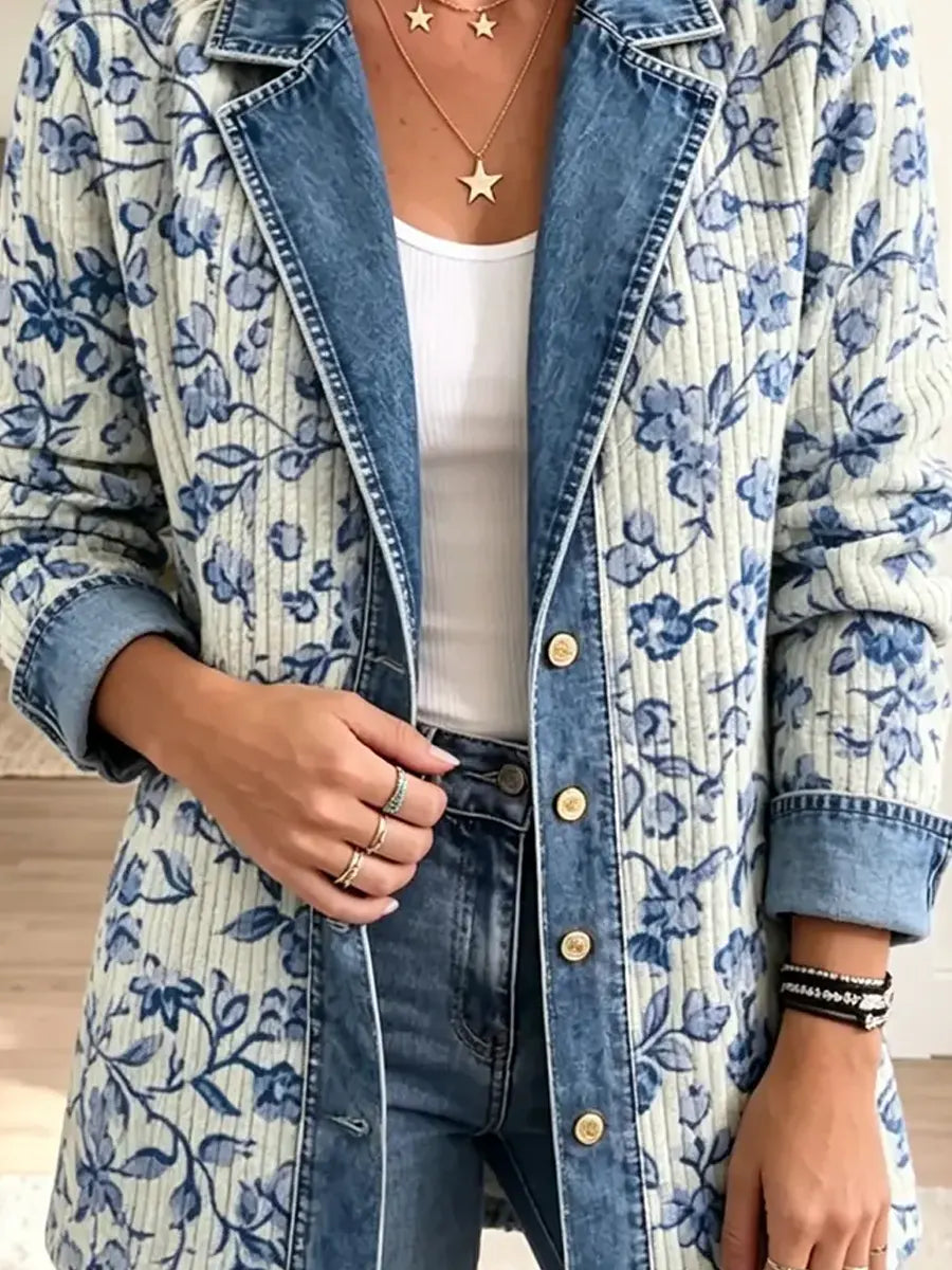 Retro Floral Pattern Art Casual Denim Patchwork Stylish Long Sleeve Coat