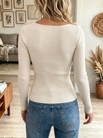 Women's 3D Rosette Trim Pearl Button Ribbed Top