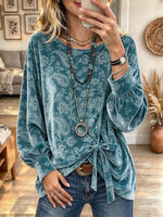 Women's Round Neck Front Tie Knot Lantern Long Sleeve Casual Blouse